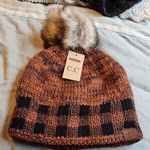 C.C Checkered Knit Beanie with Pom Pom